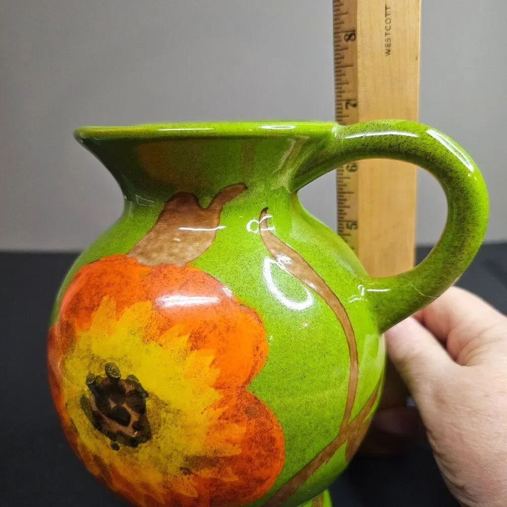 Vtg Rosenthal Netter Italy MCM 1960s Terra Cotta Green Floral Pitcher Handmade